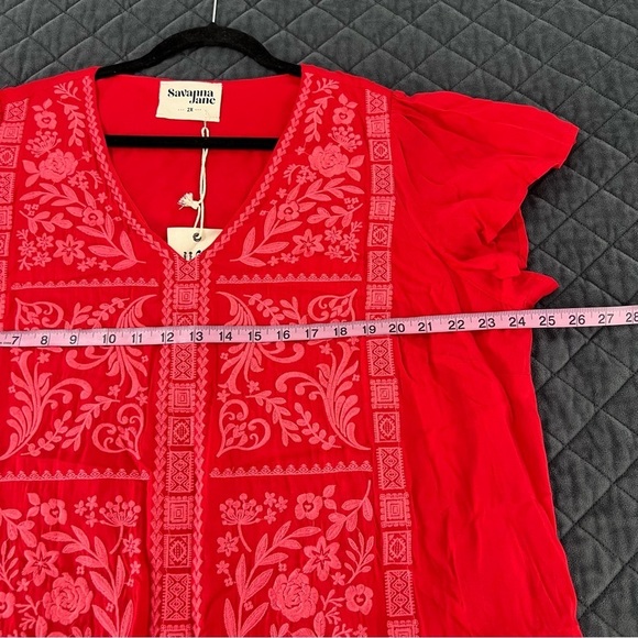 Savanna Jane Dress Women 2X Floral Embroidered Red Sheath Boho V - Picture 4 of 6
